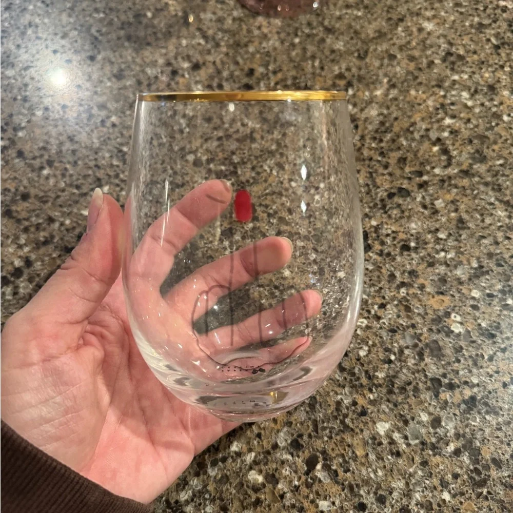 Girly Gold Rimmed Stemless Wine Glass - Red Manicure Middle Finger